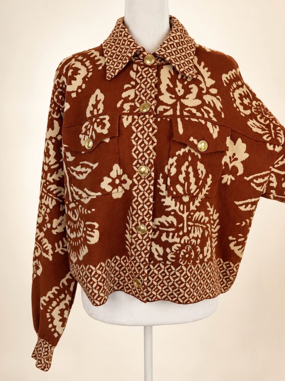 Rust and Cream Damask Inspired Jacquard Sweater Jacket - Medium